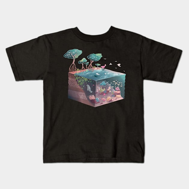 Isometric Coral Reef and Mangrove Ecosystem Kids T-Shirt by narwhalwall